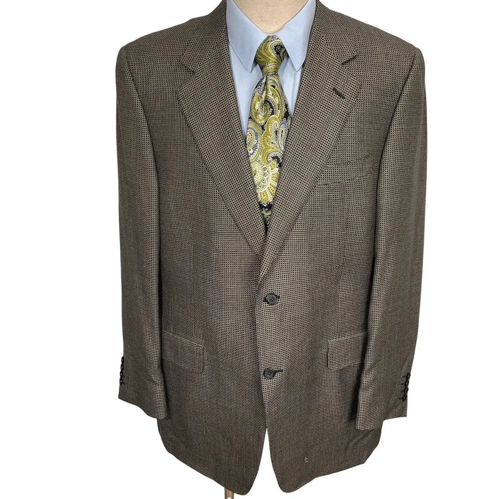 Canali Saks Fifth Avenue Blazer Mens 44L Black Beige Micro Square Silk Wool Coat